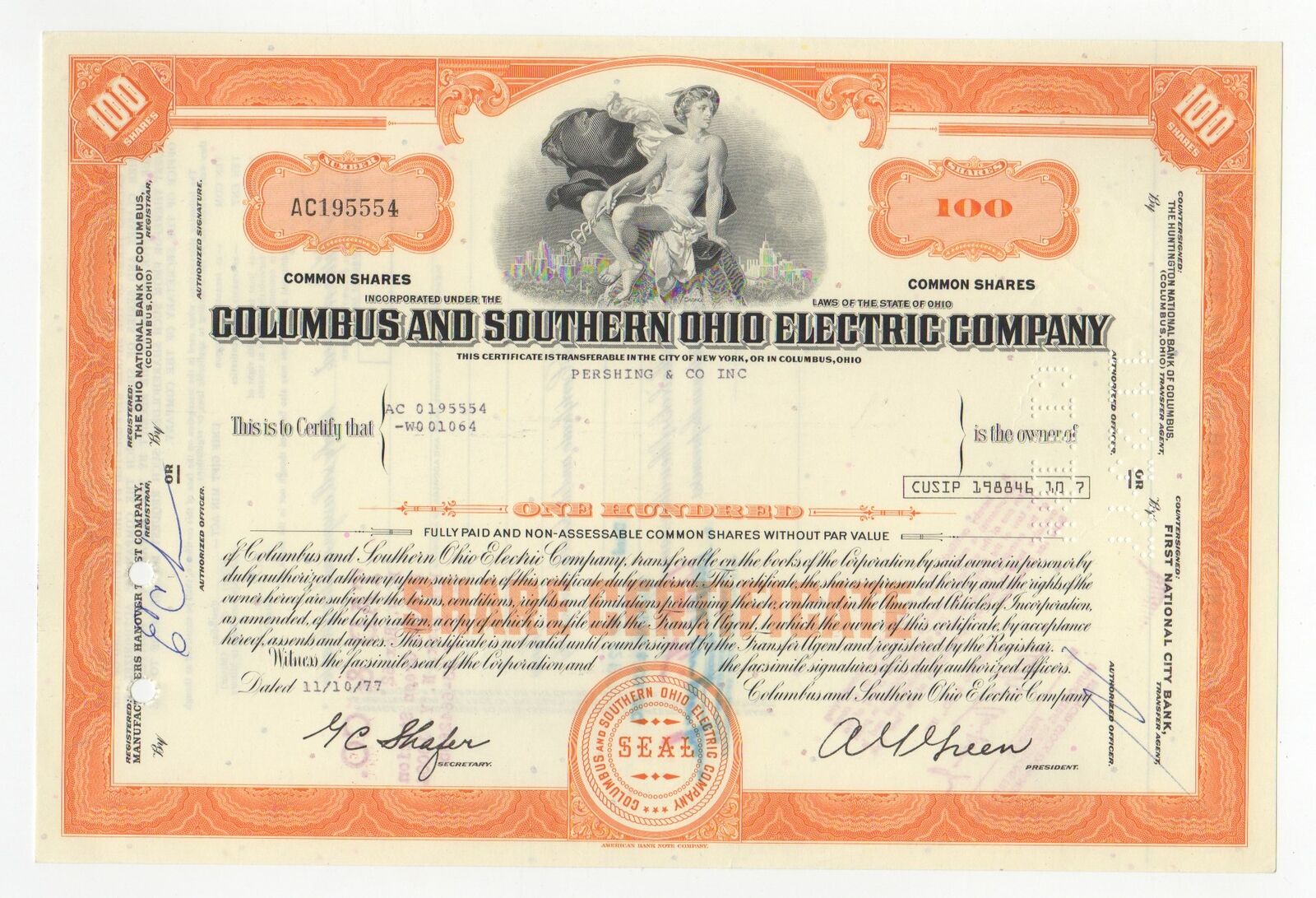 Columbus and Southern Ohio Electric Company 100 acciones tipo COMUN de